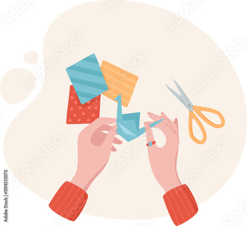 Hands create cute origami with paper and scissors in a flat style. Engaging activity for children, promoting creativity and handmade crafts. Ideal for school workshops DIY projects.