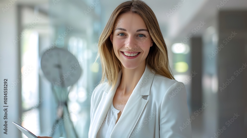 Fototapeta premium Confident and Happy Young Saleswoman: Ready to Make an Impact in Sales and Marketing
