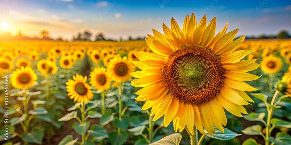 Fototapeta premium A lone sunflower in full bloom, its vibrant yellow petals reaching towards the warm glow of a setting sun, amidst a sea of sunflowers stretching across the field, creating a picturesque landscape.
