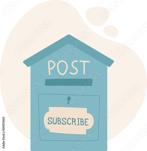 Cartoon mailbox and postbox with a subscribe note and letter. Flat design features creative message icon elements. Concept of communication, delivery, correspondence.