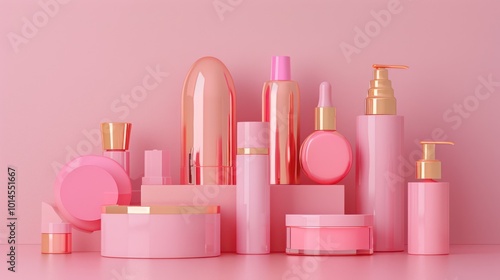 A collection of pink cosmetic products arranged aesthetically on a pink background, showcasing beauty and skincare items.