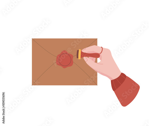 Flat envelope with wax seal and letter held in hand. Creative postal message and handwritten note. Concept of correspondence, love, communication, ideal for stationery themes.
