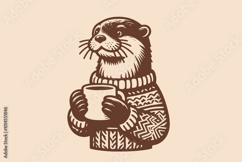 A cute otter in a warm sweater holds a cup of hot drink. vintage engraving illustration in brown tones. Emblem, print