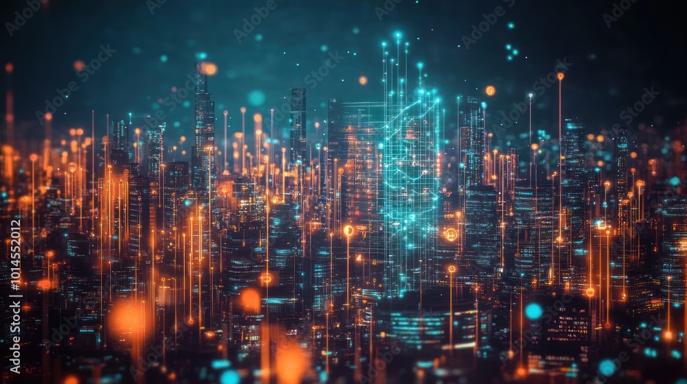 Futuristic Cityscape with Illuminated Towers and Digital Network Connections Futuristic Cityscape with Illuminated Towers and Digital Network Connections