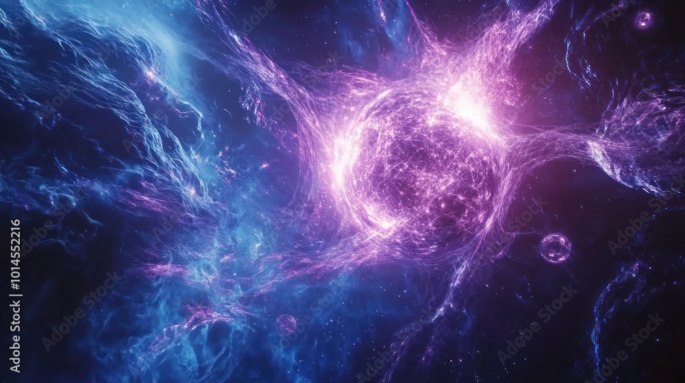 Abstract Cosmic Nebula with Glowing Purple Core and Blue Swirls Abstract Cosmic Nebula with Glowing Purple Core and Blue Swirls