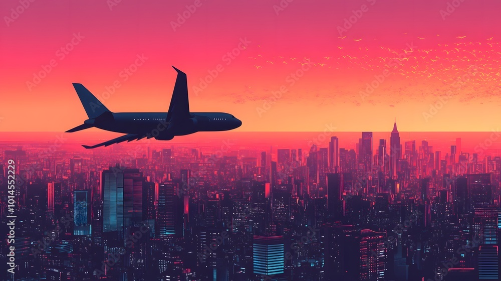 Flat vector airplane flying over a city.
Flat vector airplane flying over a city.