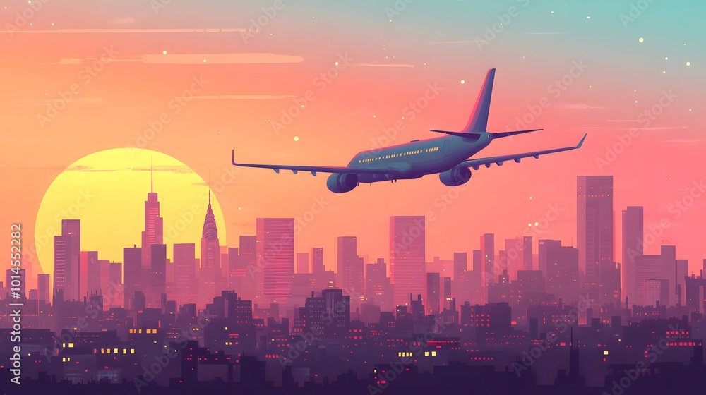 Flat vector airplane flying over a city.
Flat vector airplane flying over a city.