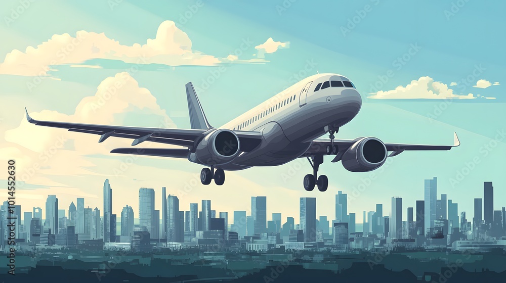 Flat vector airplane flying over a city.
Flat vector airplane flying over a city.