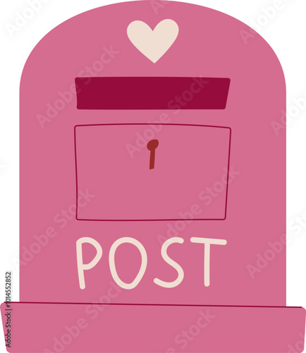 Pink mailbox with heart represents love and valentine message. Cute note and card create a happy celebration vibe, ideal for romantic themes greeting occasions in flat designs.