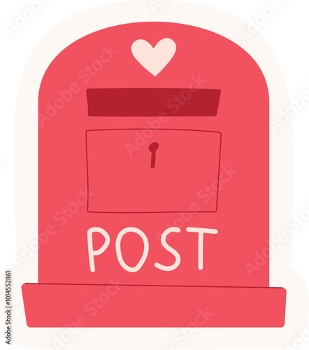 Cartoon postbox sticker with heart designed to hold mail, card, and envelope. Romantic icon symbolizing love and affection. Suitable for greeting cards, stationery, holiday celebration themes.