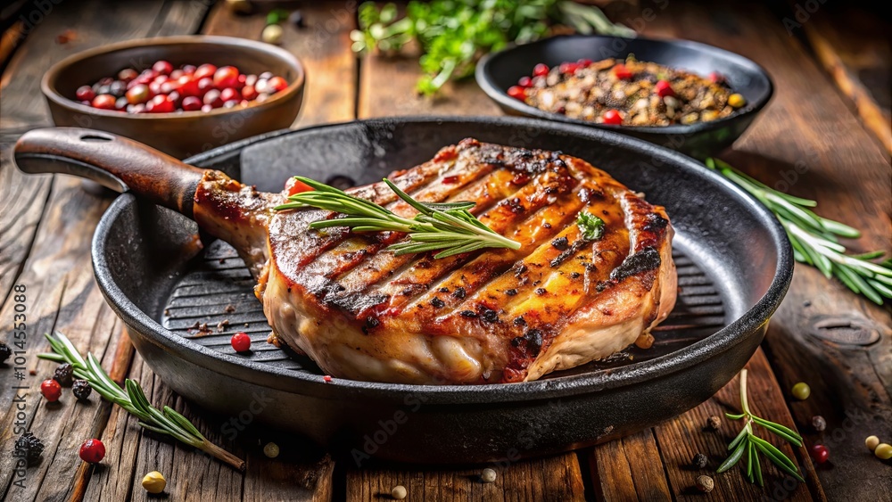Grilled meat with rosemary garnish in a cast iron skillet, set against a rustic wooden background. Grilled meat with rosemary garnish in a cast iron skillet, set against a rustic wooden background.