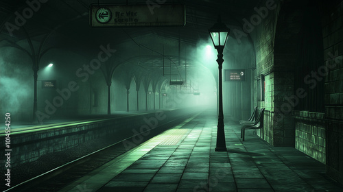 Vintage Train Platform Engulfed in Fog
