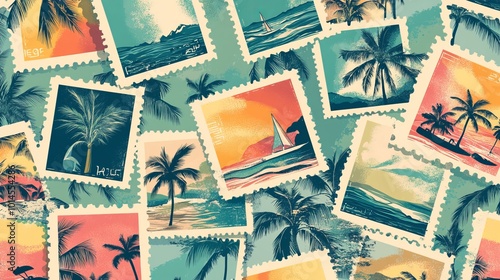 A seamless pattern featuring a set of vintage summer postcard stamps. Retro-style beach vacation postage sticker designs, creating a background illustration. 