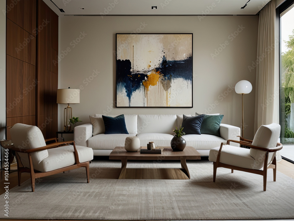 Fototapeta premium Modern open office space with cityscape view, minimalist interior design featuring a large plant. Bright workspace concept. 3D Rendering