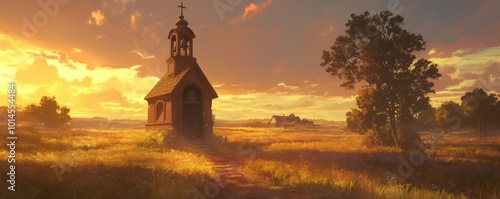 A sleepy village chapel with a weathered bell tower, chiming softly as the sun rises over the horizon, 4K hyperrealistic photo