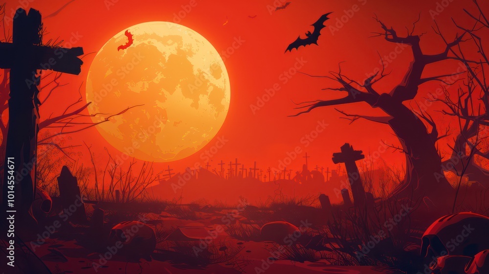 A spooky graveyard scene under a large full moon, with bats, skeletal remains, and dark trees, evoking a Halloween atmosphere. A spooky graveyard scene under a large full moon, with bats, skeletal remains, and dark trees, evoking a Halloween atmosphere.