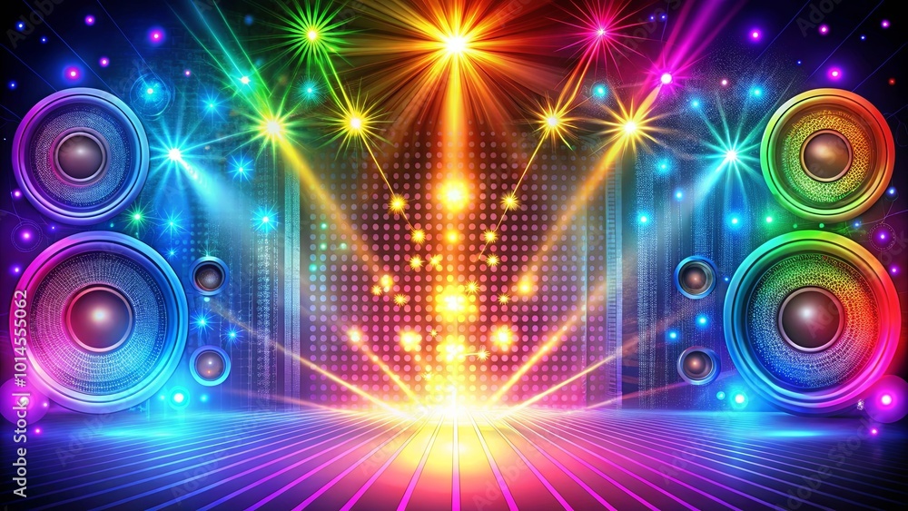 Fototapeta premium Vibrant Neon Lights Dance Across a Stage Framed by Majestic Speakers, Beckoning the Rhythm of a Night Filled with Energetic Sounds