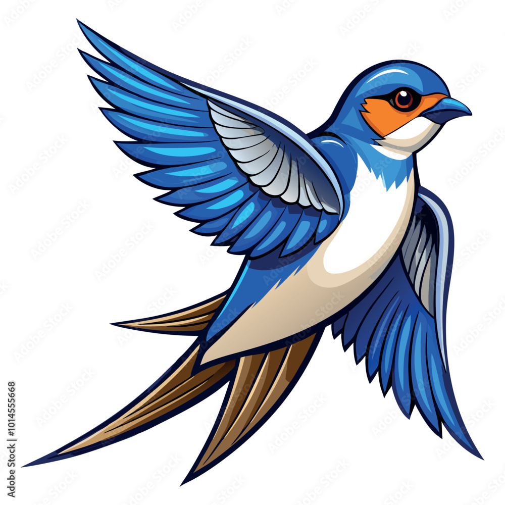 Naklejka premium Stylized barn swallow bird in flight with blue wings and orange chest