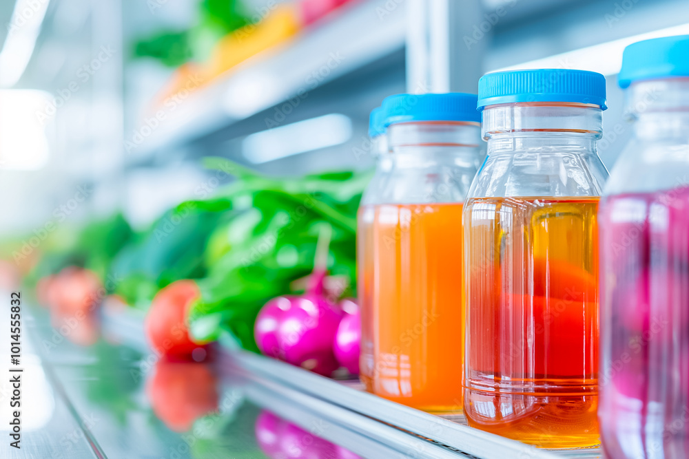 Colorful glass bottles filled with fresh juices are arranged neatly on a shelf, surrounded by a variety of fresh vegetables, highlighting healthy choices Colorful glass bottles filled with fresh juices are arranged neatly on a shelf, surrounded by a variety of fresh vegetables, highlighting healthy choices
