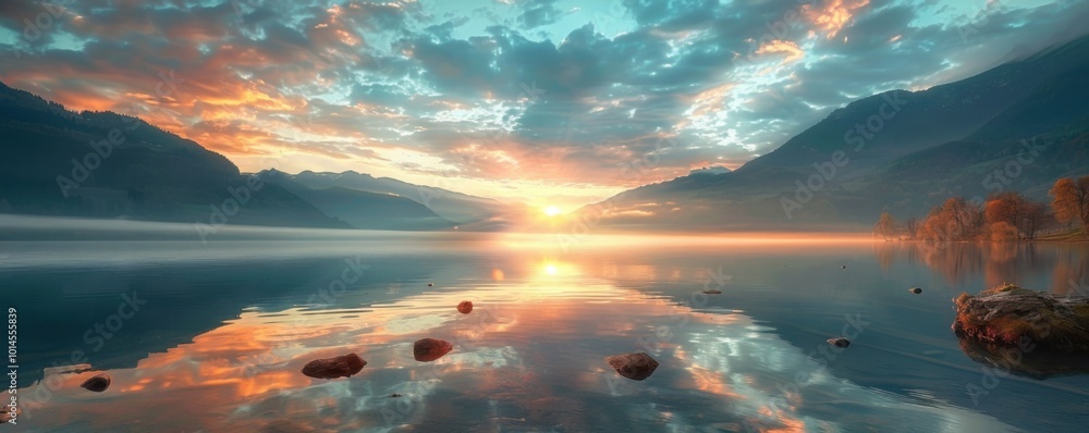 Lake with a stunning sunrise and smooth water, 4K hyperrealistic photo, Lake with a stunning sunrise and smooth water, 4K hyperrealistic photo,