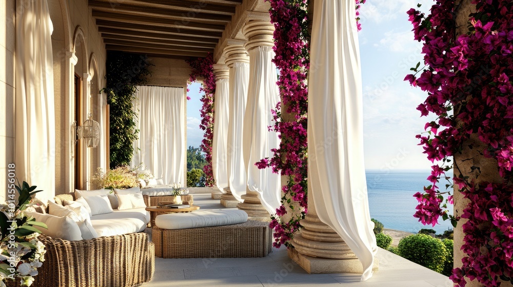 Fototapeta premium A stylish Mediterranean porch with a rattan seating area