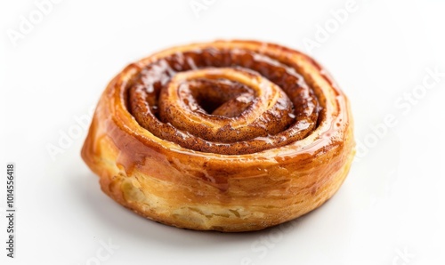 Freshly baked cinnamon roll, white background, 4K hyperrealistic photo