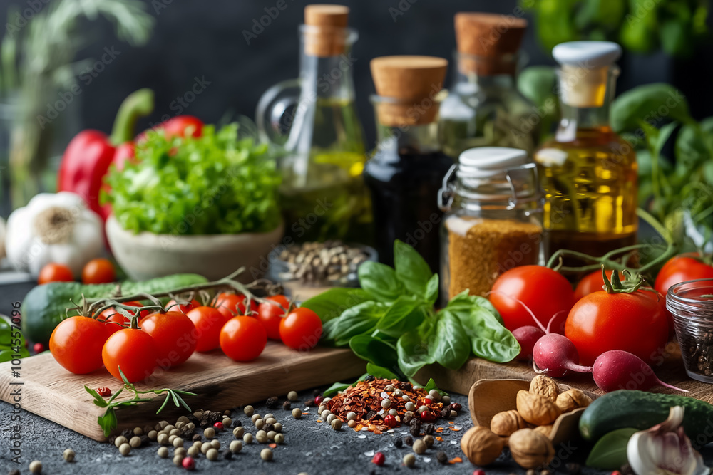 A vibrant display of fresh tomatoes, cucumbers, and herbs on a rustic countertop, accompanied by various oils and spices, ready for cooking preparations