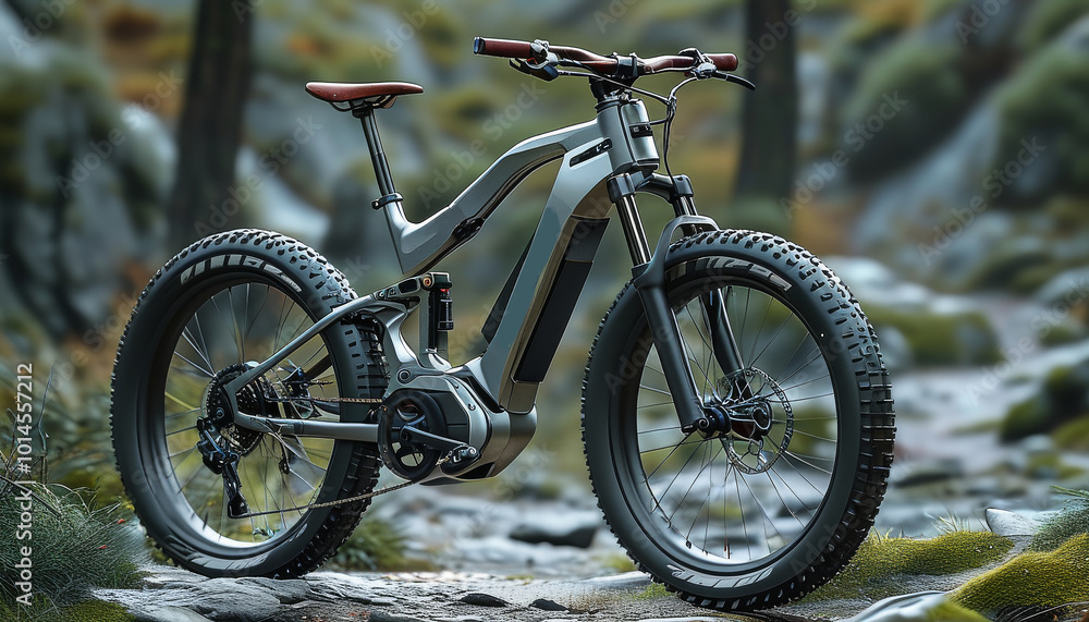 Electric Mountain Bike Parked in a Sunlit Forest