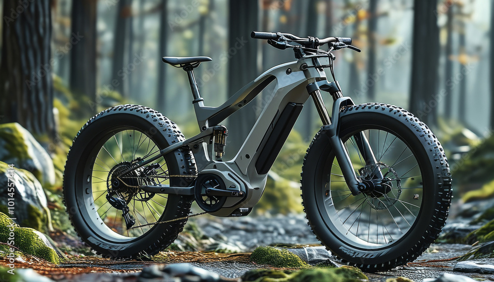 Electric Mountain Bike Parked in a Sunlit Forest Electric Mountain Bike Parked in a Sunlit Forest