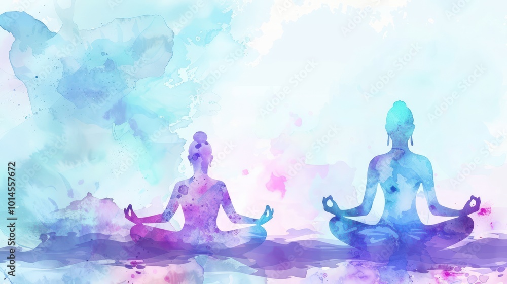 A serene watercolor illustration of meditating figures, symbolizing mindfulness and tranquility.