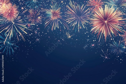 Vector illustration with bright colorful fireworks border on a dark blue background, space for text. Flat style design. Concept for holiday celebration, greeting card, poster, with generative ai