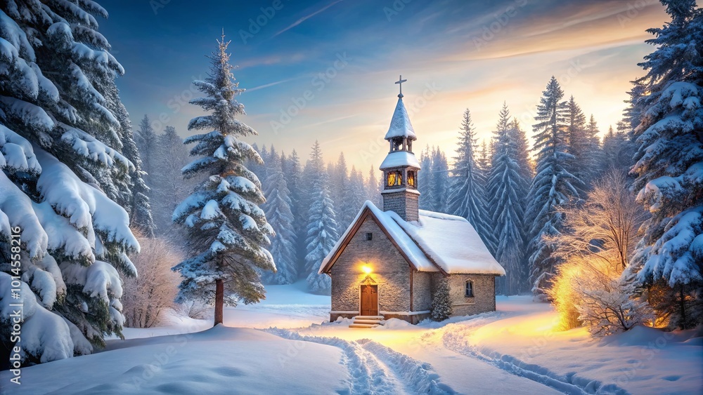 A small wooden chapel stands amidst a snowy forest, bathed in the warm glow of the setting sun, creating a serene and picturesque winter scene. A small wooden chapel stands amidst a snowy forest, bathed in the warm glow of the setting sun, creating a serene and picturesque winter scene.
