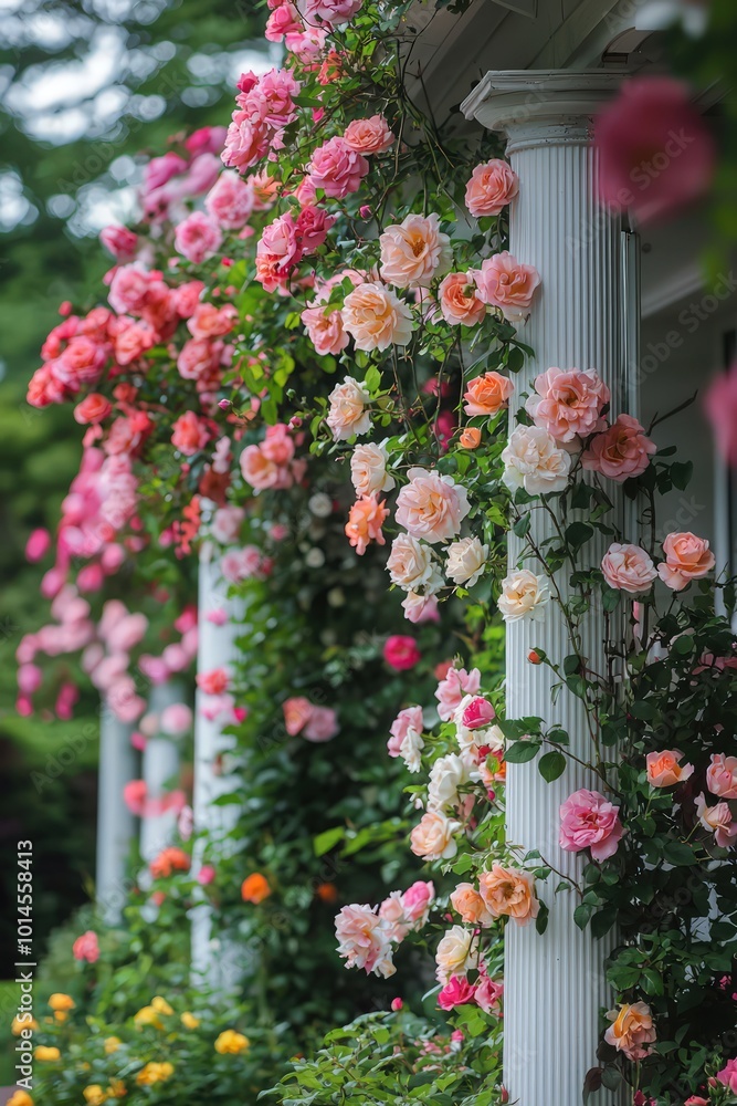 Floral architecture in a blooming rose garden with lush, vibrant arrangements. Floral architecture in a blooming rose garden with lush, vibrant arrangements.