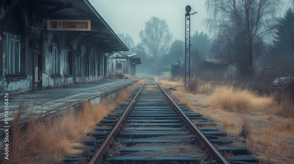 Fototapeta premium Foggy Deserted Train Station with Overgrown Rails
