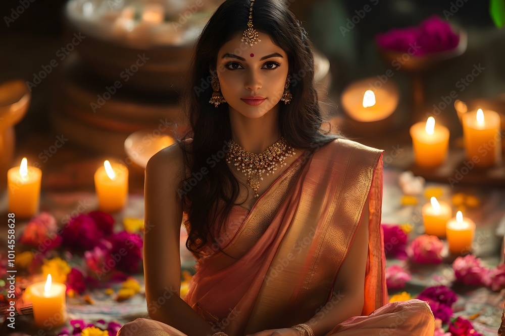Calm Woman in Traditional Sari Surrounded by Candlelight and Flowers Calm Woman in Traditional Sari Surrounded by Candlelight and Flowers
