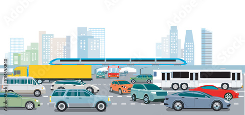 Stadtsilhouette einer Stadt im Verkehrsstau, illustration-.eps