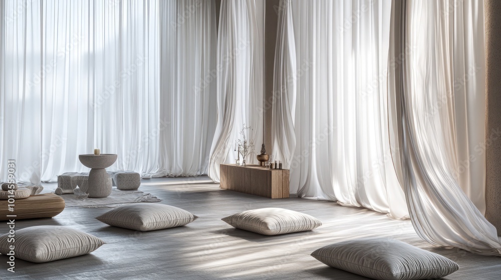 A tranquil meditation space with floor cushions A tranquil meditation space with floor cushions