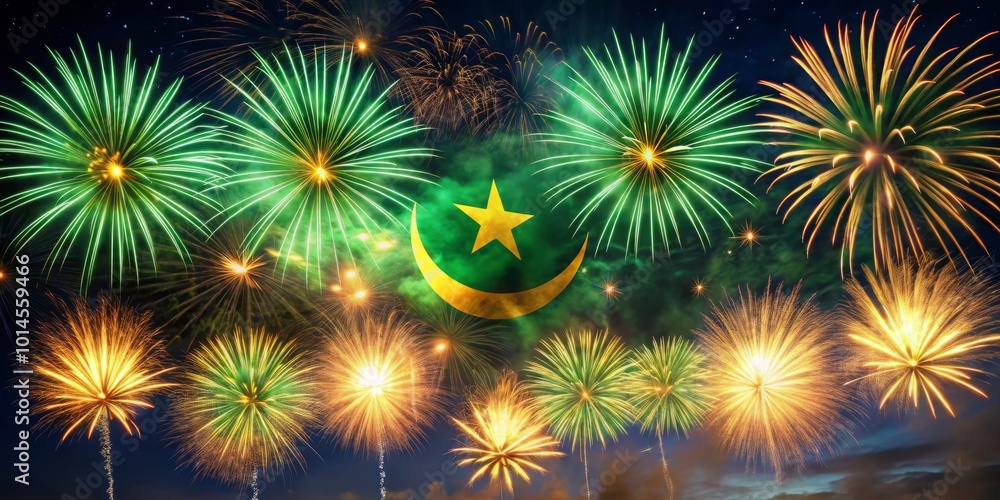 Fireworks explode vibrantly against the night sky, illuminating the Mauritanian flag in a festive celebration of Fireworks explode vibrantly against the night sky, illuminating the Mauritanian flag in a festive celebration of