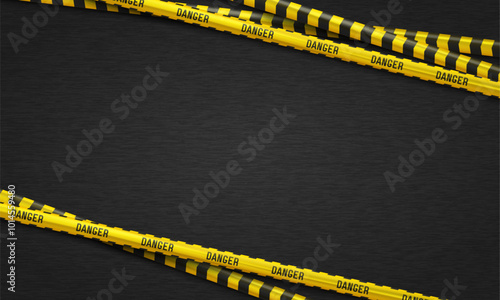 Banner with yellow caution tapes. Security line on black background. Crime scene barrier tape. Vector illustration.
