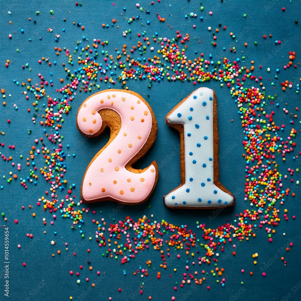 Decorated cookie, number 21, image for birthday or anniversary celebration Decorated cookie, number 21, image for birthday or anniversary celebration