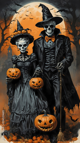 Halloween Skeleton Couple with Pumpkins
