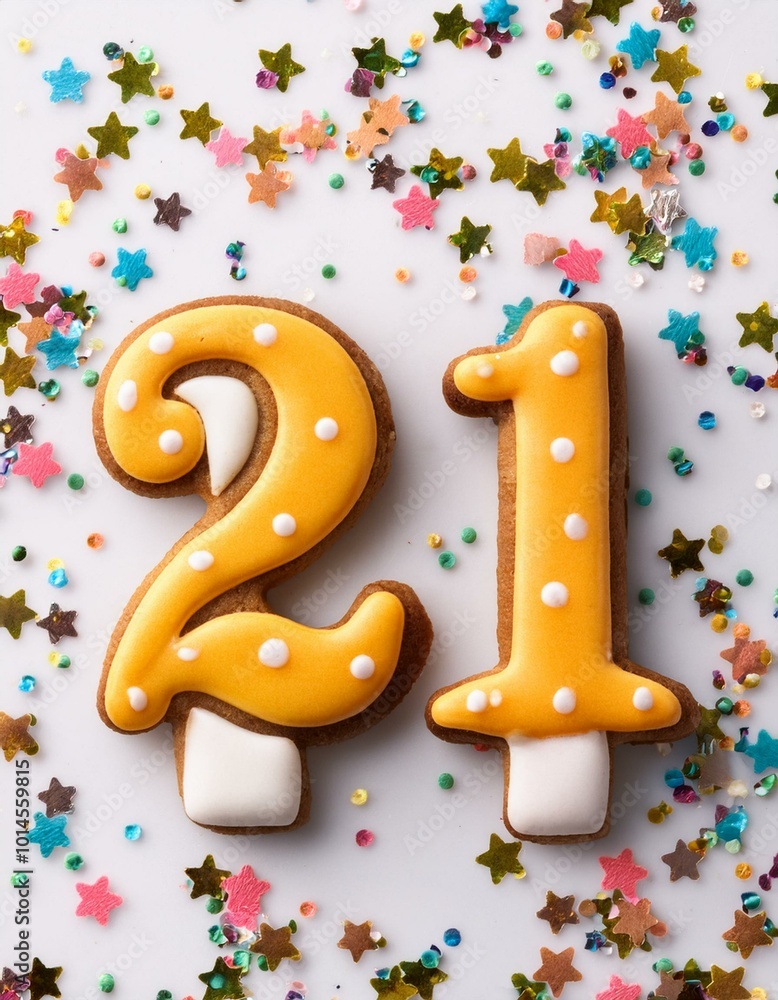 Decorated cookie, number 21, image for birthday or anniversary celebration Decorated cookie, number 21, image for birthday or anniversary celebration