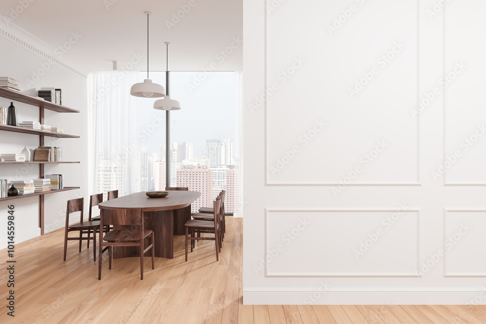 Light home living room interior with table and chairs, window. Empty wall Light home living room interior with table and chairs, window. Empty wall