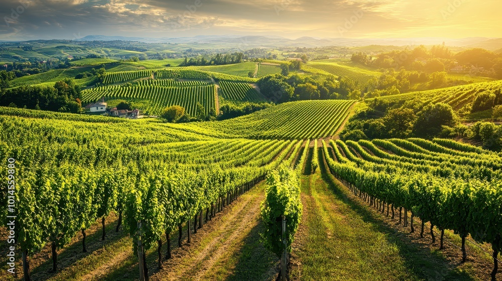 Naklejka premium Lush vineyards under a golden sunset, showcasing rows of grapevines in a scenic landscape.