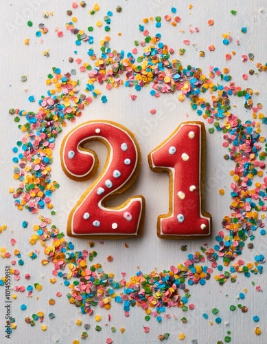 Decorated cookie, number 21, image for birthday or anniversary celebration photo