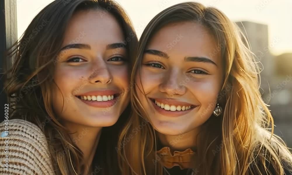 Two women with long brown hair are smiling at the camera Video Two women with long brown hair are smiling at the camera Video