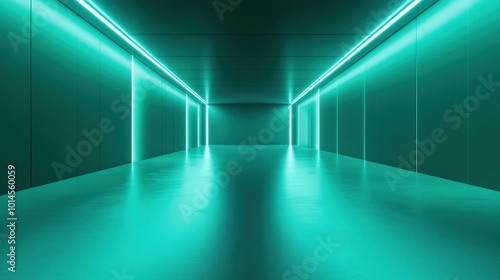 Blue-green gradient studio room, abstract background pattern, walls and floor reflect neon lights, dark tones and feel speed of digital technology connected blue-green background. Future technology