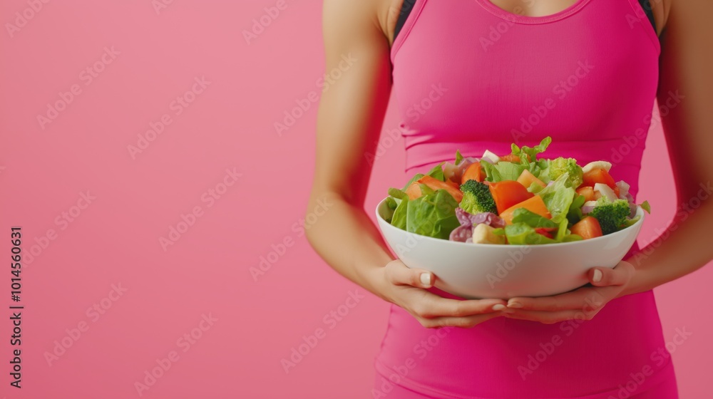 A fit woman in pink athletic attire holds a large salad bowl filled with fresh vegetables against a vibrant pink background A fit woman in pink athletic attire holds a large salad bowl filled with fresh vegetables against a vibrant pink background