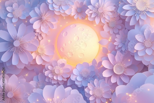 Floral Karwa Chauth Banner with Glowing Full Moon and Paper-Cut Flower Patterns, Soft Pastel Design