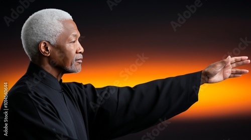 Master of the Inner Flame: A seasoned martial arts practitioner, with silver hair and a focused gaze, performs a graceful technique against a fiery orange backdrop. photo